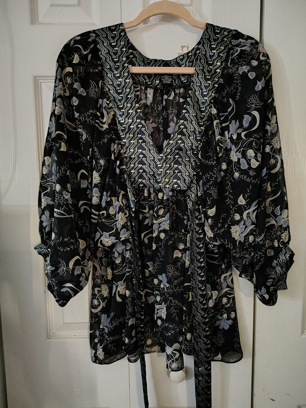 Bay Studio Black Floral Tunic with Pale Blue and Cream Accents